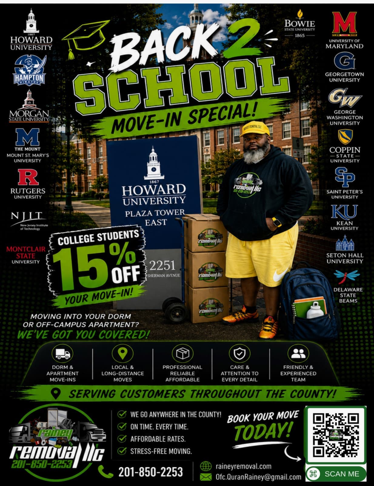 Rainey Removal LLC Back 2 School Move-In Special — 15% off move-in for college students, valid August 1 through September 14. Dorm and apartment move-ins, local and long-distance. Call 201-850-2253.